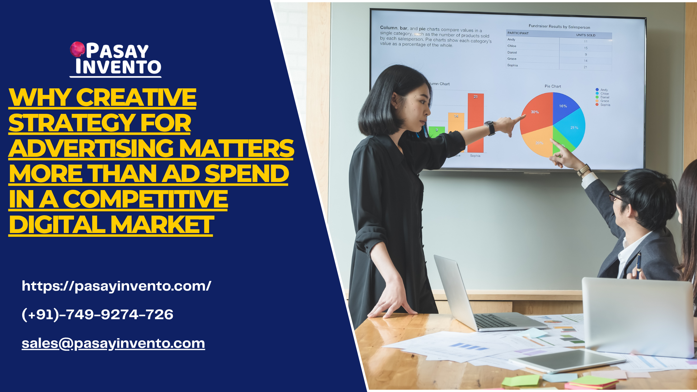 Creative advertising strategy presentation showing marketing data and campaign analysis